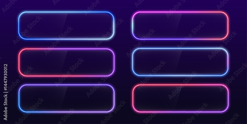 Poster Abstract cosmic bright colorful square border. Vector set of realistic isolated neon signs colorful square frame for template and mockup on dark background. 