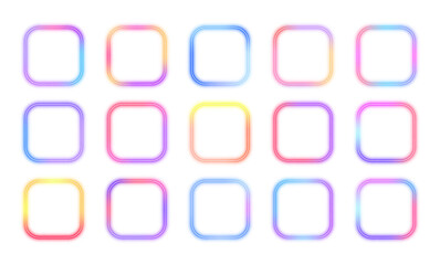 Gradient pink purple blue color. Isolated on transparent background. PNG. Set of glowing neon square lamps isolated on white background with copy space.