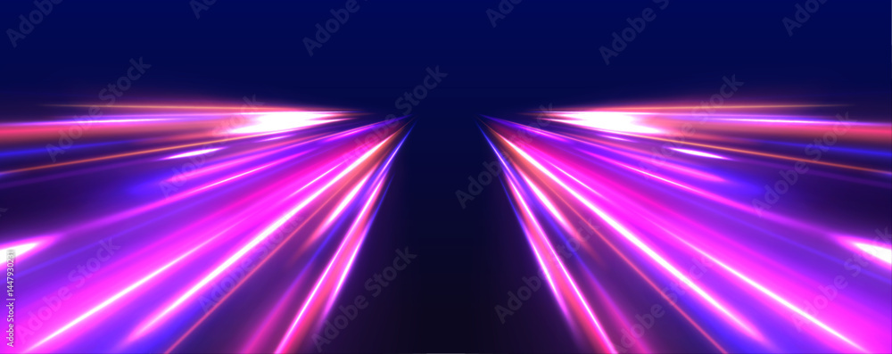 Poster Neon stripes in the form of drill, turns and swirl. Speed of light concept background. Abstract background rotational border lines.	