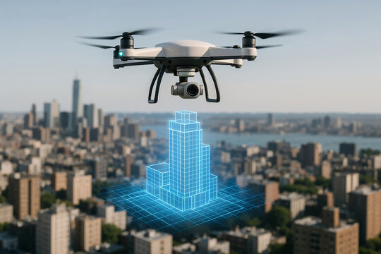 Aerial drone generates real time 3D building model over urban skyline for advanced surveying mapping analysis precision