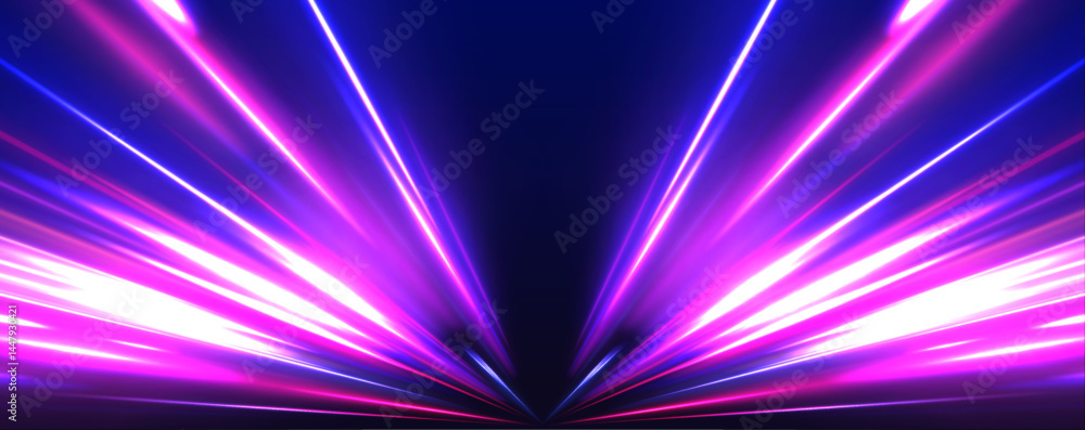 Aufkleber Big data traffic visualization, dynamic high speed data streaming traffic. Image of speed motion on the road. Abstract background in blue and purple neon glow colors.	