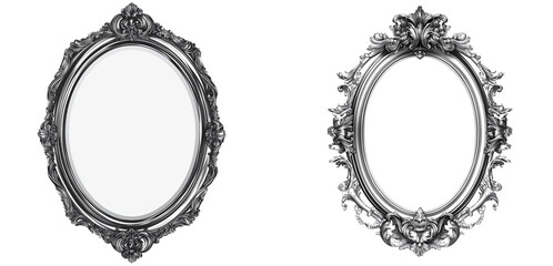 Set of A beautifully ornate silver oval frame with intricate floral engravings transparent png background. Ai generated