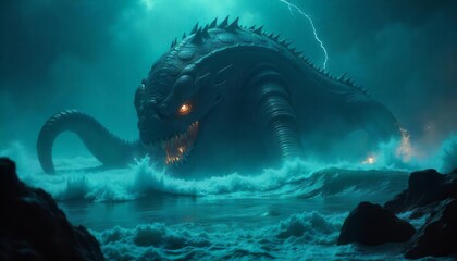 Sea Monster Rising From Ocean Depths During Lightning Storm