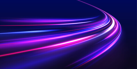 Futuristic light motion effects on a black background, showcasing fast-moving neon stripes and creative illustrations of high-speed concepts, ideal for visualizing technology and progress.	