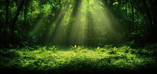 Obraz premium Sunbeams Illuminating Lush Green Forest