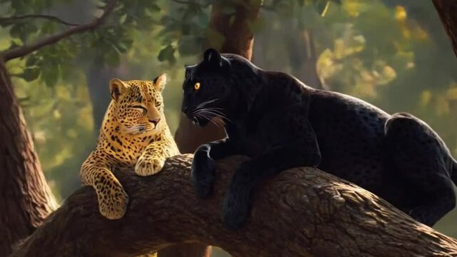 Two leopards on a tree branch, contrasted colors, serene nature scene, suitable for wildlife photography or digital art