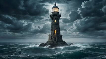 An ancient stone lighthouse in the middle of a stormy ocean, stretching far above the clouds, its top glowing with unknown light. Ships drift below like insects. Hyper-detailed surreal maritime landsc