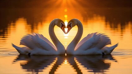 Fototapeta premium Two majestic swans, necks intertwined to form a heart shape, gracefully glide on a tranquil lake at sunset.