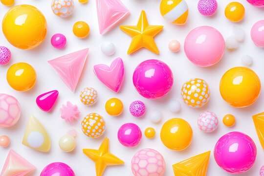 Vibrant arrangement of colorful geometric shapes and spheres on a white background, showcasing playful design elements