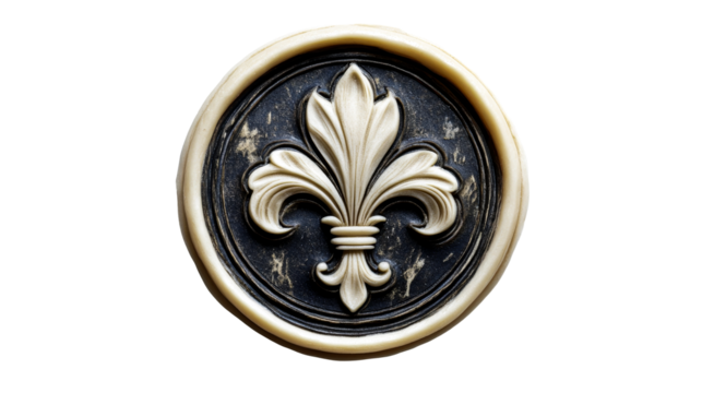 Fleur-de-lis emblem ivory badge. Round token symbol decoration cut out transparent