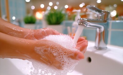 Fototapeta premium Hands are being washed with soap under running water at a bathroom sink, creating lots of bubbles.