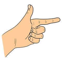 Hand drawn cartoon human hand in gun pistol gesture on white background.