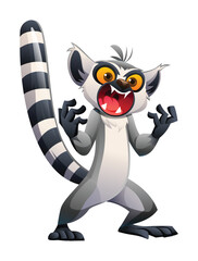 Angry lemur with teeth showing and an aggressive stance. Vector cartoon character illustration