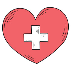 Hand drawn cartoon red heart with white cross on white background.