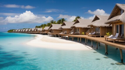 A row of overwater bungalows extends along a tropical beach.