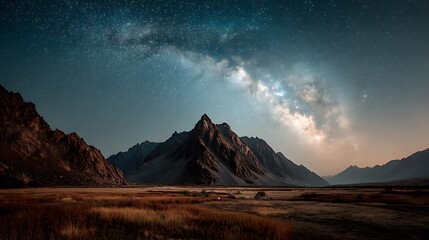 Starry night sky over majestic mountain landscape
