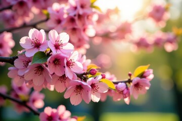 Obraz premium Pink blossoms cover a tree, sunlight filtering through leaves, vibrant spring scene , pastel, nature scene, pretty