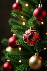Fototapeta premium Ornate red and gold ornaments on twinkling evergreen branches, christmas ornaments, holiday season
