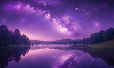 Purple Night Sky Over Calm Lake With Reflections Stars