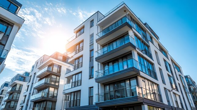 Modern Luxury Apartment Building Exterior Daytime Sun Architectural Design Real Estate Property Development Residential Complex New Construction Home Building Contemporary         