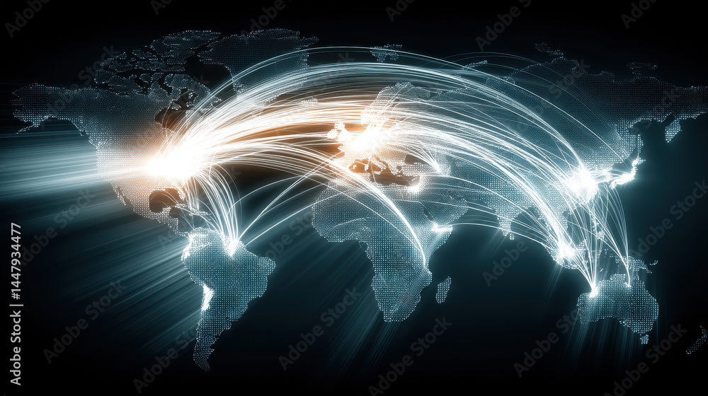 Poster global migration patterns illustrated with glowing connections on a futuristic world map