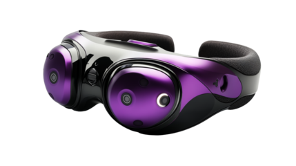 Virtual reality headset in purple and black isolated studio shot. cut out transparent