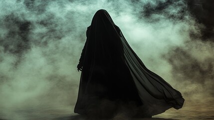 Mysterious Figure in Dark Cloak Walking Through Fog Dramatic Silhouette Black Robe Gothic Style Fantasy Image Mysterious Person Dark Atmosphere Spooky Scene Supernatural Being     