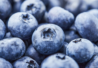 Fresh blueberries background. Macro texture, close up, top view or flat lay. Healthy natural food concept