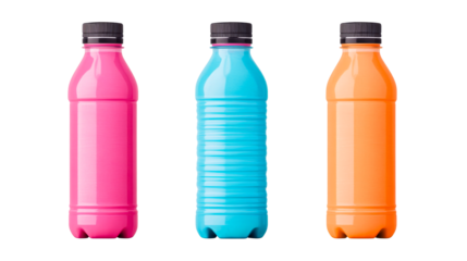 Row of vibrant colored plastic water bottles in a studio. cut out transparent