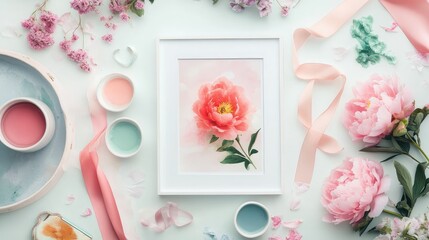 A flat lay of framed peonies with pastel accessories and ribbons