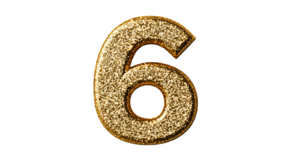 Golden textured number six with shiny glitter particles. cut out transparent