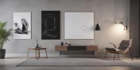 Modern minimalist interior, poster mockup on clips, template, artwork, background