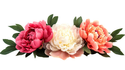 Three peony blossoms in various colors, cut out transparent