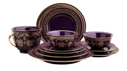 Elegant purple dishware set with gold design, tableware. cut out transparent