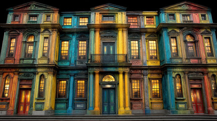 Fototapeta premium Holographic graffiti transforms classical stone building with bright colors in urban setting