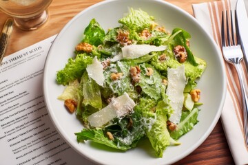A vibrant caesar salad with parmesan and walnuts on a bright white plate ready to eat.