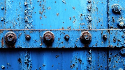 Naklejka premium Oxidized blue metal surface with bolted fastenings.
