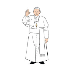 Cartoon vector illustration of a pope in traditional white robes and mitre, smiling and waving. Religious figure with a cross necklace on a white background. Symbol of Catholic Church.