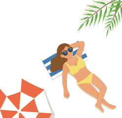 Vector illustration of a bikini woman lying on the beach sand in summer