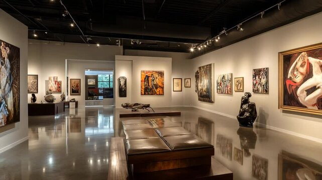 A museum with many paintings on the walls. The paintings are of different sizes and styles