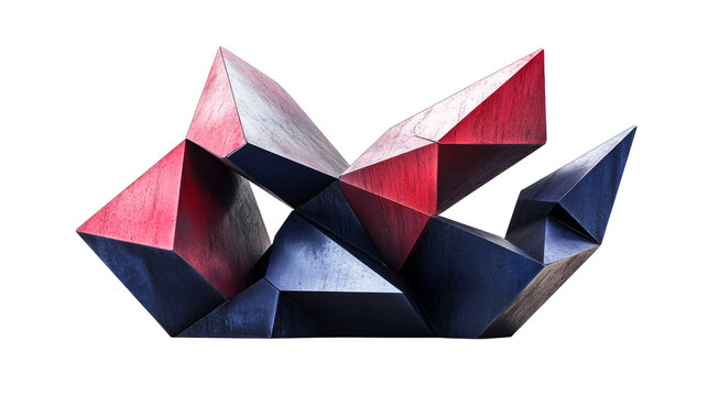 Abstract geometric sculpture with red and blue surfaces cut out transparent