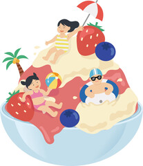 Summer vector illustration with kids swimming and sliding in fruit shaved ice