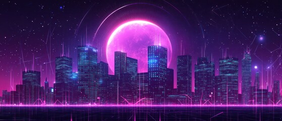 Neon city at night with pink moon