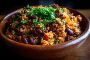 Fototapeta premium A beautifully presented bowl of savory rice, beans, and meat, garnished with fresh green herbs.