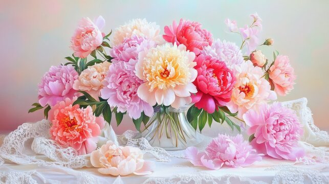 Framed pastel peonies surrounded by airy fabrics and vintage lace