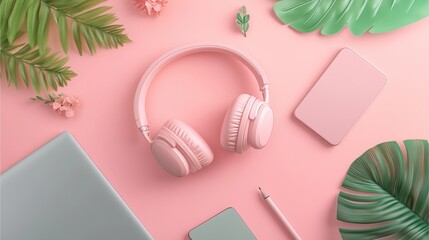 Pink  head phone  flat lay  on pink   background ,  some  green leaves, mobile phone and laptop