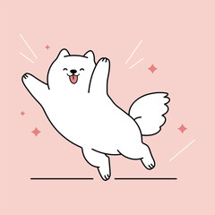 Cute cartoon white dog jumping joyfully with a big smile. Fun and energetic character illustration, ideal for children's designs and pet-themed projects. Vector isolated on a pink background.