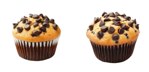 Set of A perfectly baked muffin with chocolate chips displayed transparent png background. Ai generated