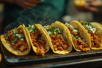 Delicious street tacos filled with spiced meat and topped with fresh herbs and onions at a vibrant food market in the evening