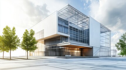 Obraz premium Modern architectural design of a glass building with wireframe